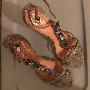 Vince Camuto gray, snakeskin print, bejeweled spike heels 9.5 B